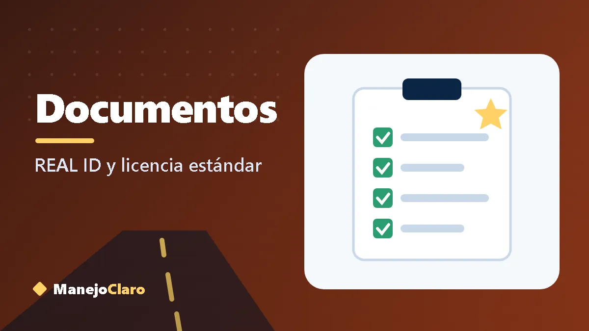 Ilustración de una carpeta de documentos y una licencia REAL ID con su estrella