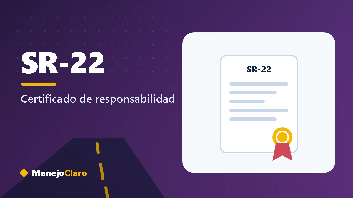 Ilustración de un certificado SR-22 con sello oficial junto a un auto