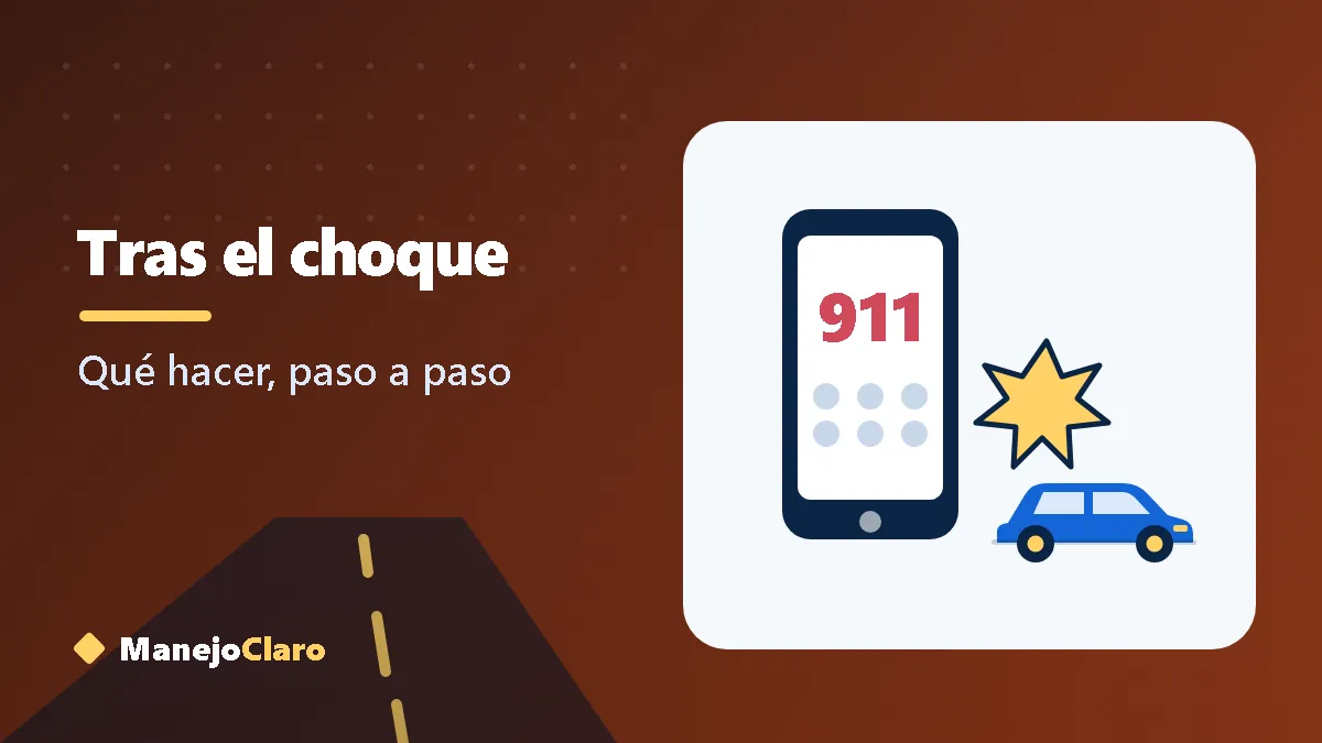 Ilustración de un teléfono marcando el 911 junto a un auto tras un accidente