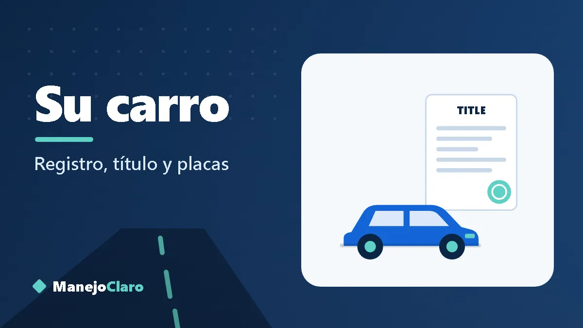 Ilustración de un carro junto a su título y su placa, los documentos básicos del vehículo